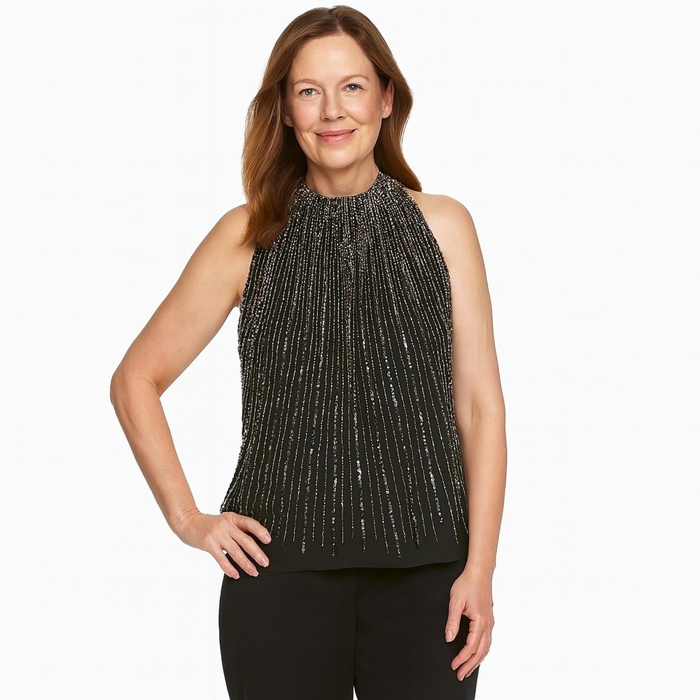 JKara Shirt Women's Beaded Embellished Sleeveless‎ Mock Neck Formal Top Small